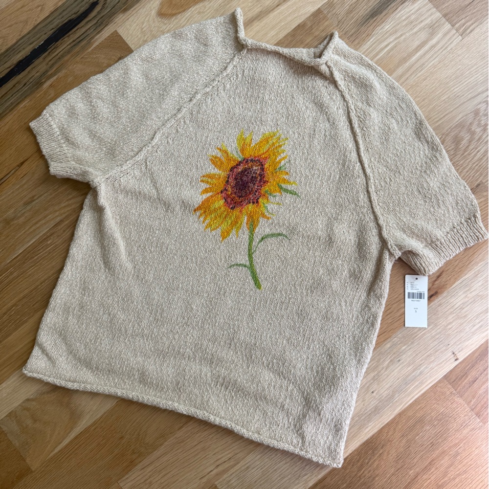 Anthropologie Cream and Yellow Cowl Neck Sweater with Sunflower Design